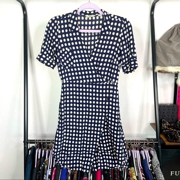 𝅺11•1•tylho Anthropologie Navy Blue Polka Dot Wrap Dress - Picture 1 of 11